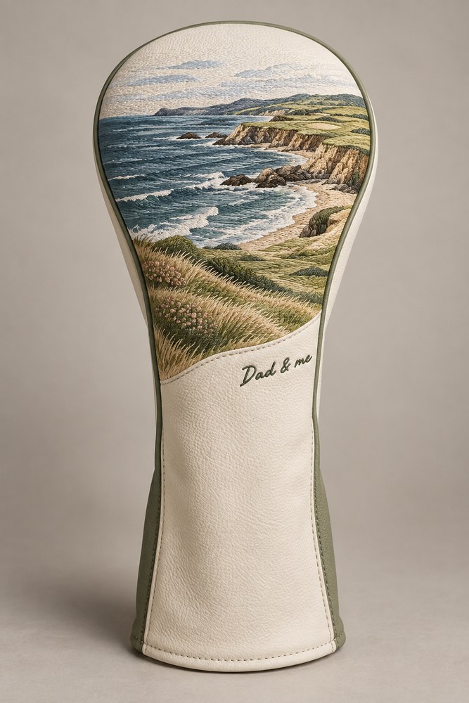 Bespoke concept: a personal coastal scene embroidered on an ivory headcover with Dad and me handwriting