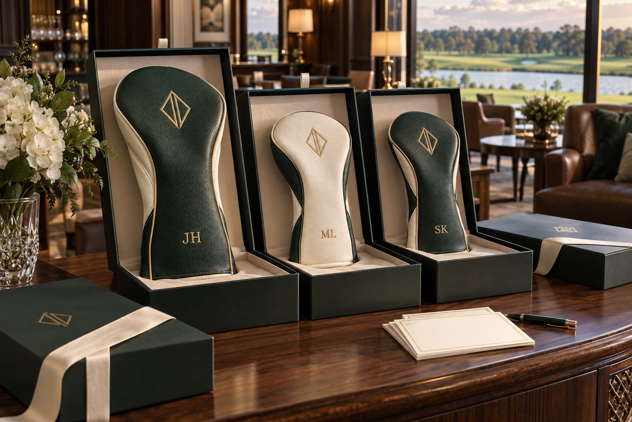 Original event collection concept with coordinated headcovers, individual initials and presentation boxes