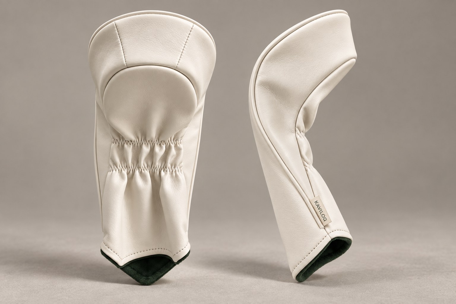 KAVILOQ construction design study: rear and side headcover views showing two gathered elastic rows, panel seams, piping and soft lining