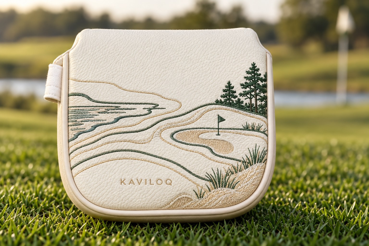 KAVILOQ design study: individual embroidery stitches forming an original coastal motif on an ivory mallet cover