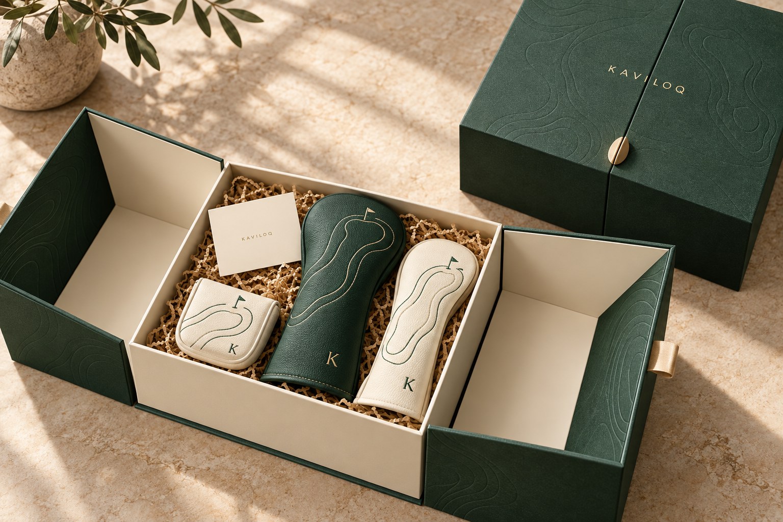 KAVILOQ packaging design study: forest green double-door presentation box with ivory interior, coordinated headcovers and a personal note