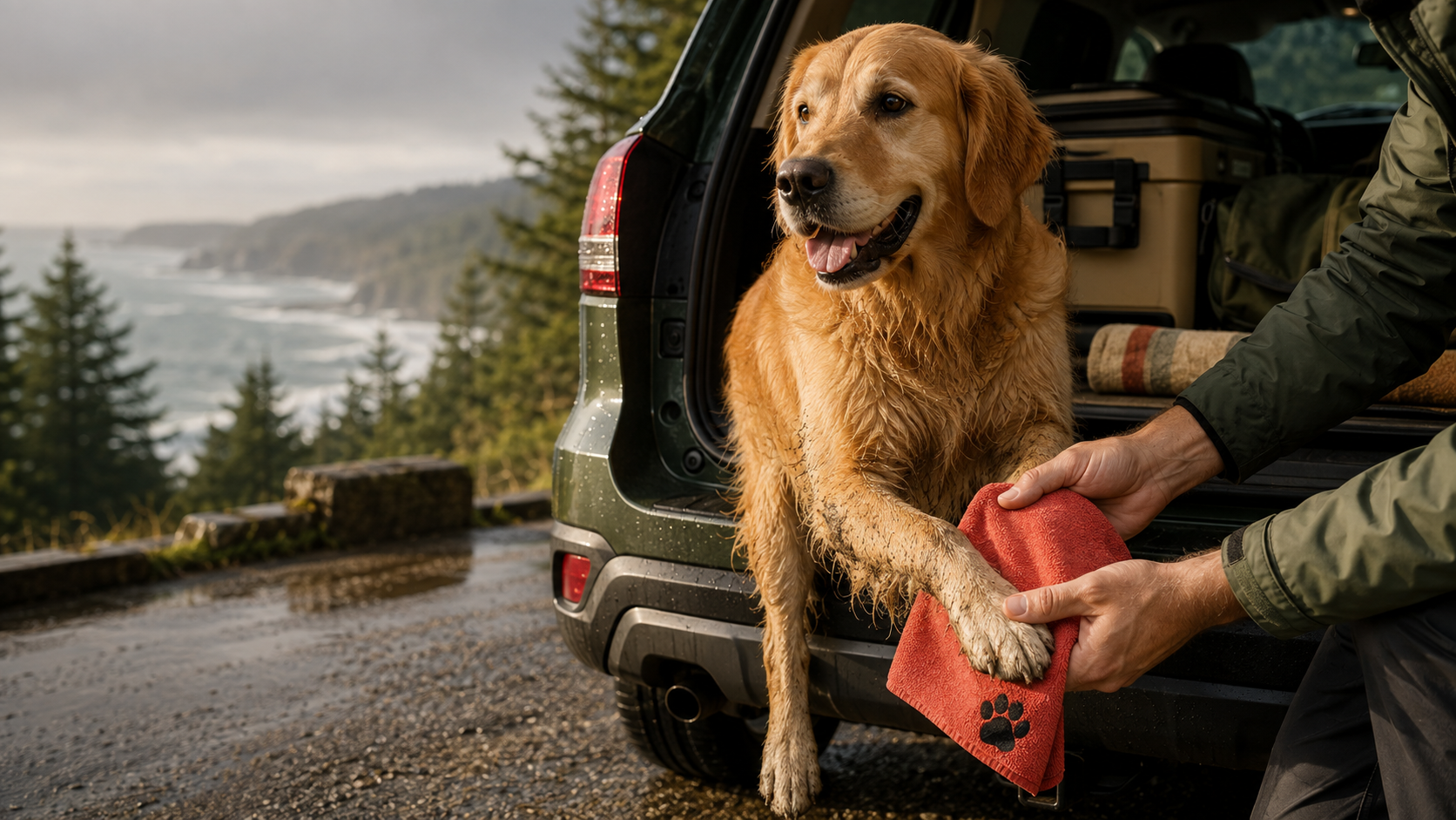 Wet golden retriever having a muddy paw wiped beside an open SUV