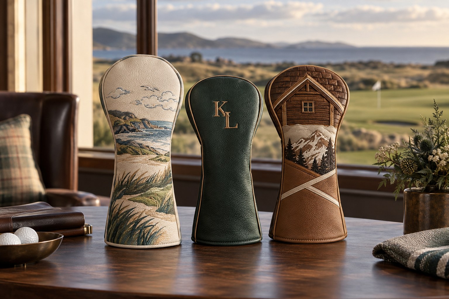 Three original headcover concepts: personal initials, an embroidered coastal memory and a dimensional alpine cabin