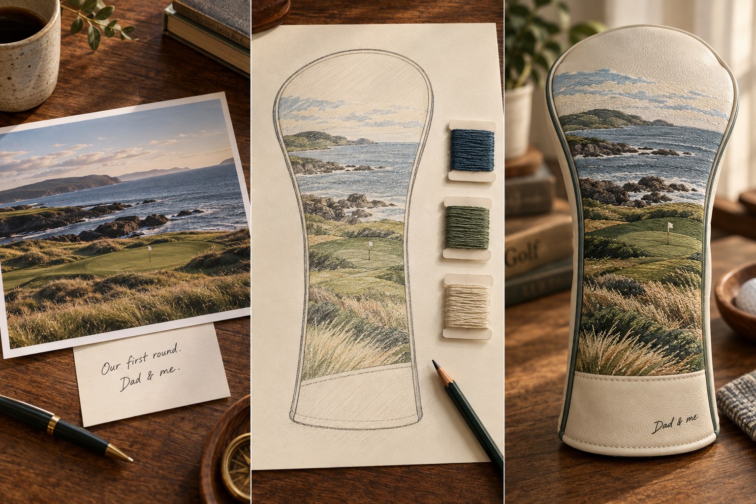 Illustrated design journey: coastal inspiration and a personal note, a matching sketch with thread colors, and a finished embroidered headcover concept