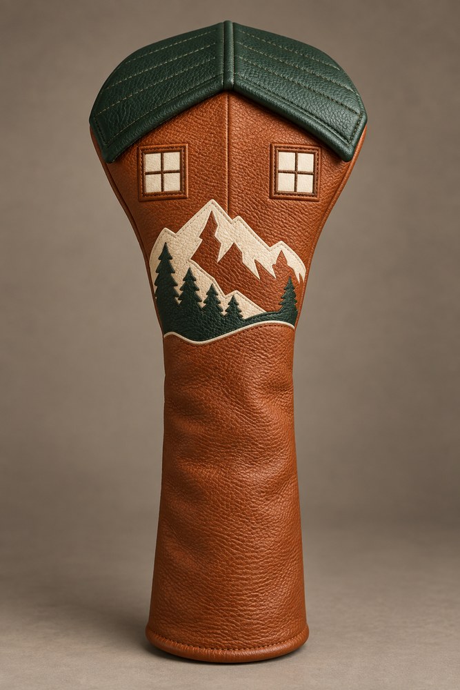 Masterpiece concept: a sculptural alpine cabin headcover in cognac and forest leather with dimensional roof details
