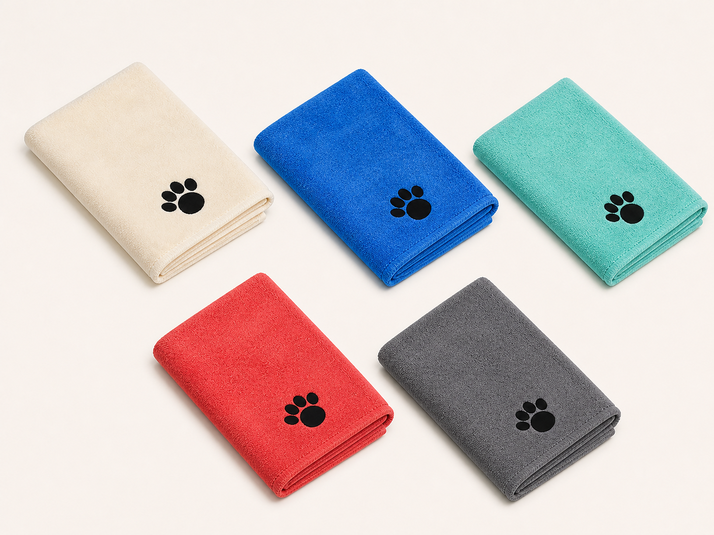 Stock-form microfiber towels in five colors with matching black paw prints